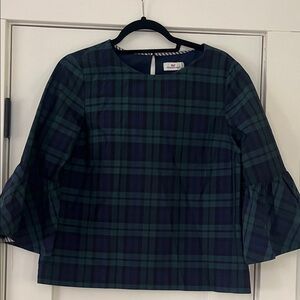 Vineyard Vines Navy and Green Plaid Blouse